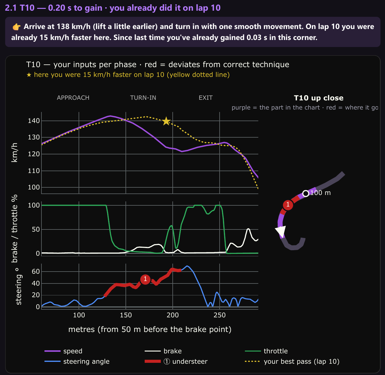 T10: your inputs per phase, with your best lap as a yellow dotted line and the corner up close