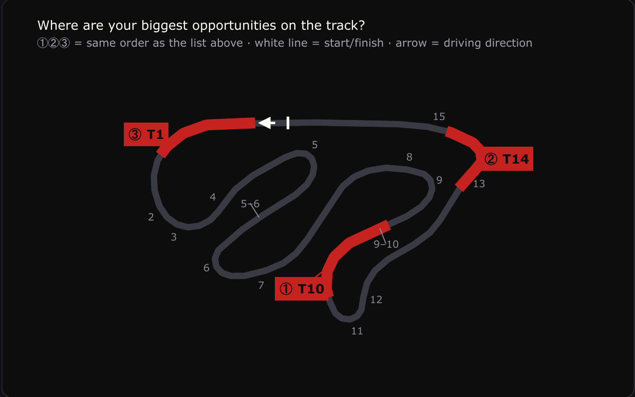 Track map from the app with the three corners where most time is left: T10, T14 and T1