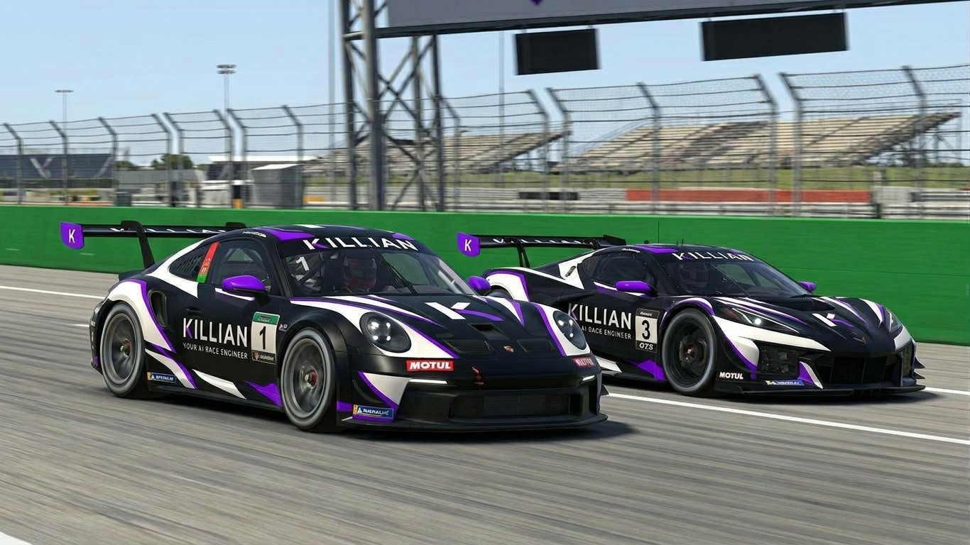 Twee KILLIAN-auto's in paarse livery op een circuit in iRacing